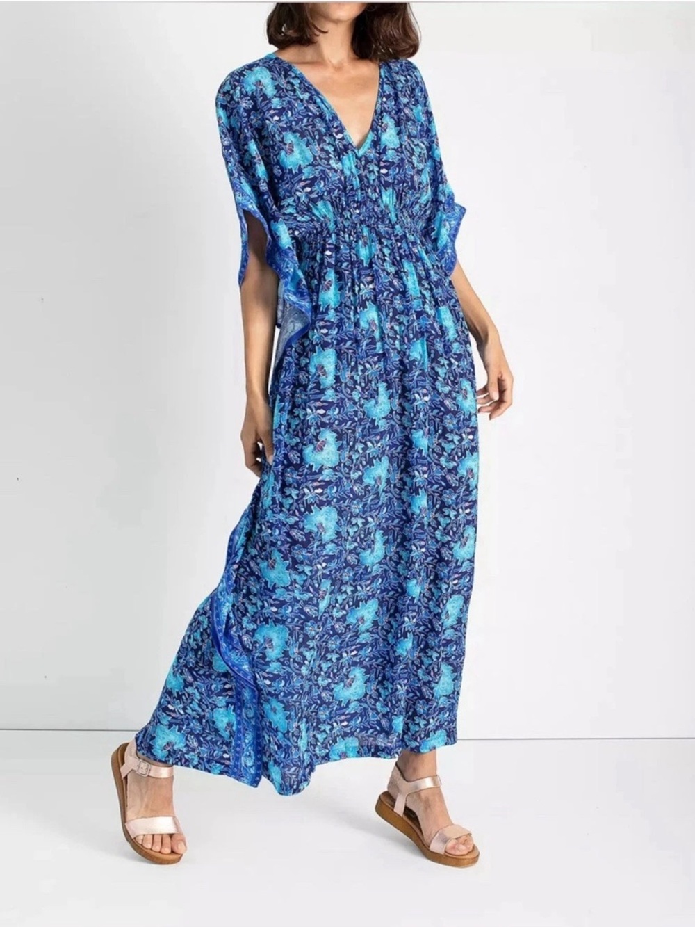 Rujuta Sheth x Anthropologie Marie Cinch Kaftan Dress Blue Foral Boho Maxi M/L